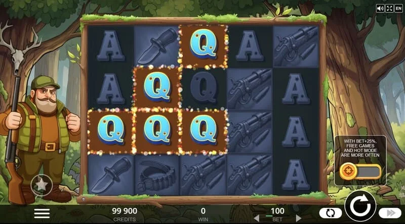 Hunt the Bucks - màn hình trò chơi chính 5x4 với các loài động vật rừng và biểu tượng Coin