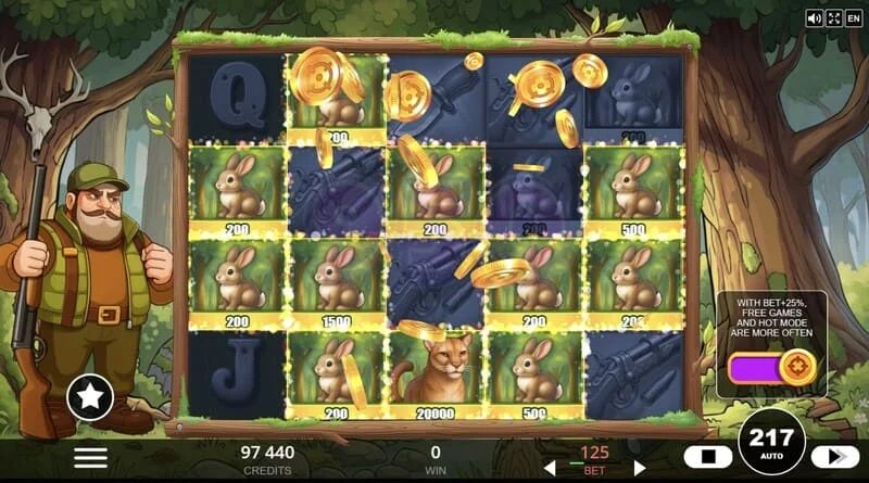 Hunt the Bucks - các biểu tượng đặc biệt Hunter-Wild, Scatter và Animal Credit trên lưới